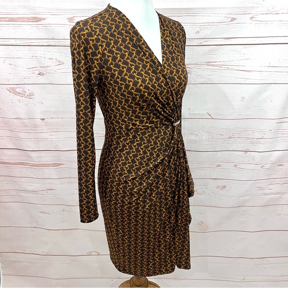 Michael Kors Espresso Chain Link Print Stretch Jersey Faux Wrap Dress - Picture 10 of 14
